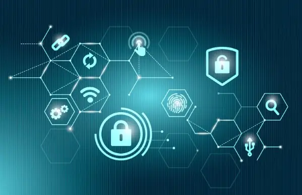 Vários ícones vetorizados representando o meio digital. O ícone de destaque é um cadeado, simbolizando a segurança.